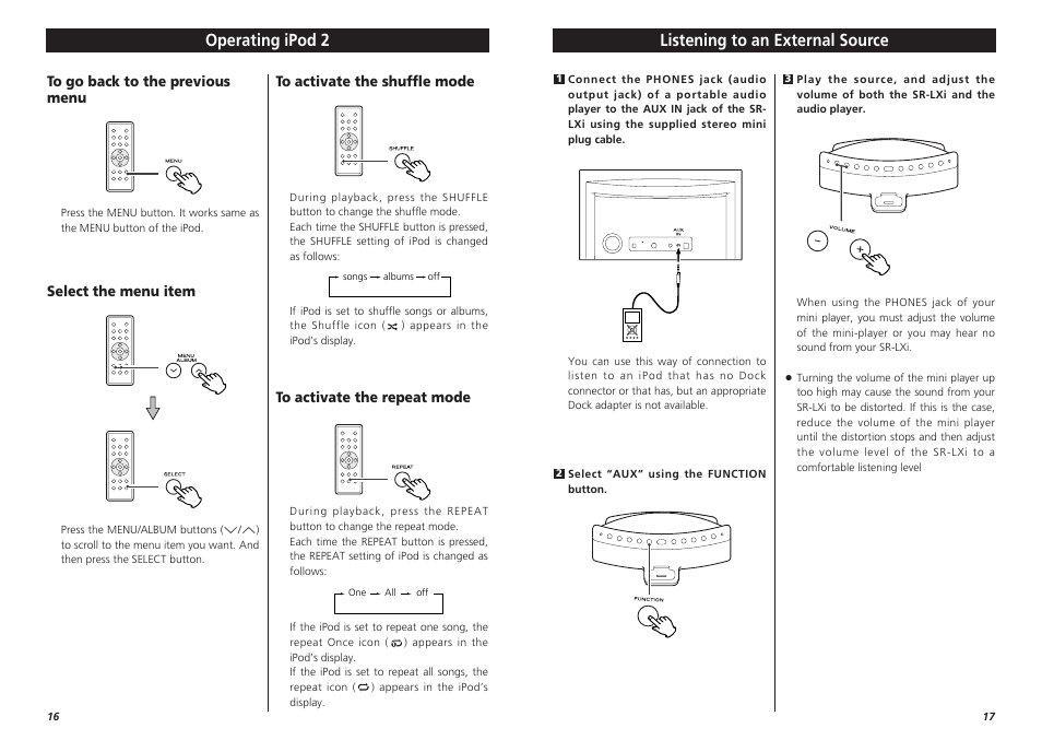 Listening to an external source, Operating ipod 2 | Teac 1006.MA-1087A User Manual | Page 9 / 12