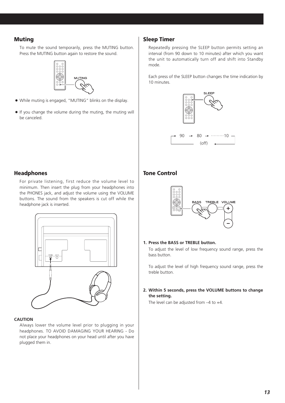 Muting, Headphones, Sleep timer | Tone control | Teac TD-X250I User Manual | Page 13 / 32