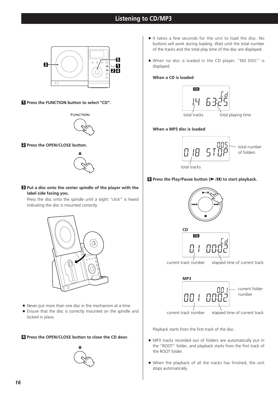 Listening to cd/mp3 | Teac TD-X250I User Manual | Page 16 / 32