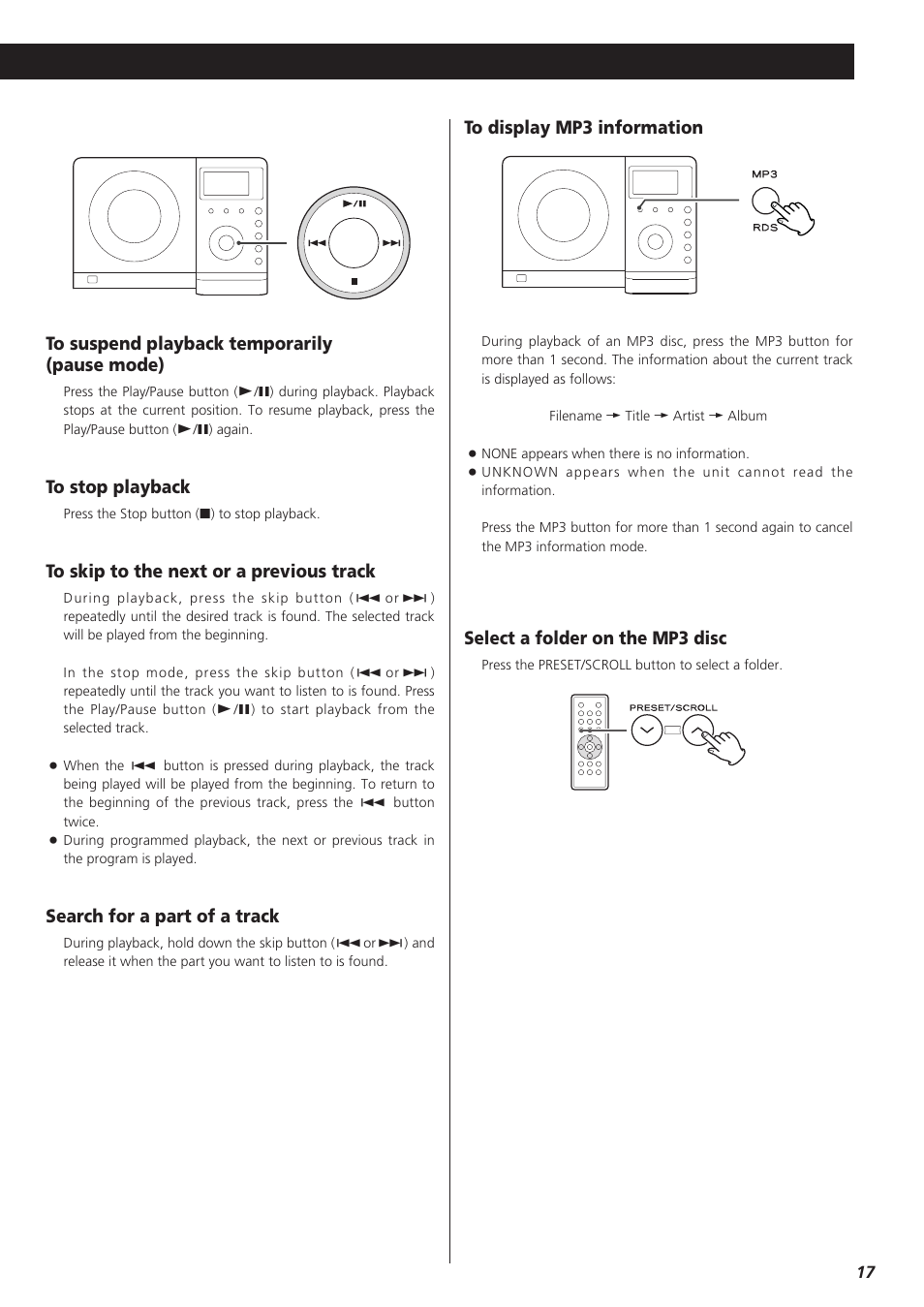 Search for a part of a track, Select a folder on the mp3 disc | Teac TD-X250I User Manual | Page 17 / 32