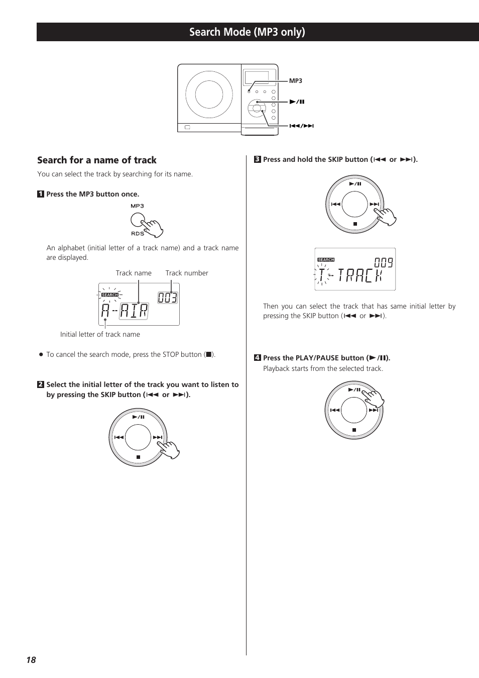 Search mode (mp3 only), Search for a name of track | Teac TD-X250I User Manual | Page 18 / 32