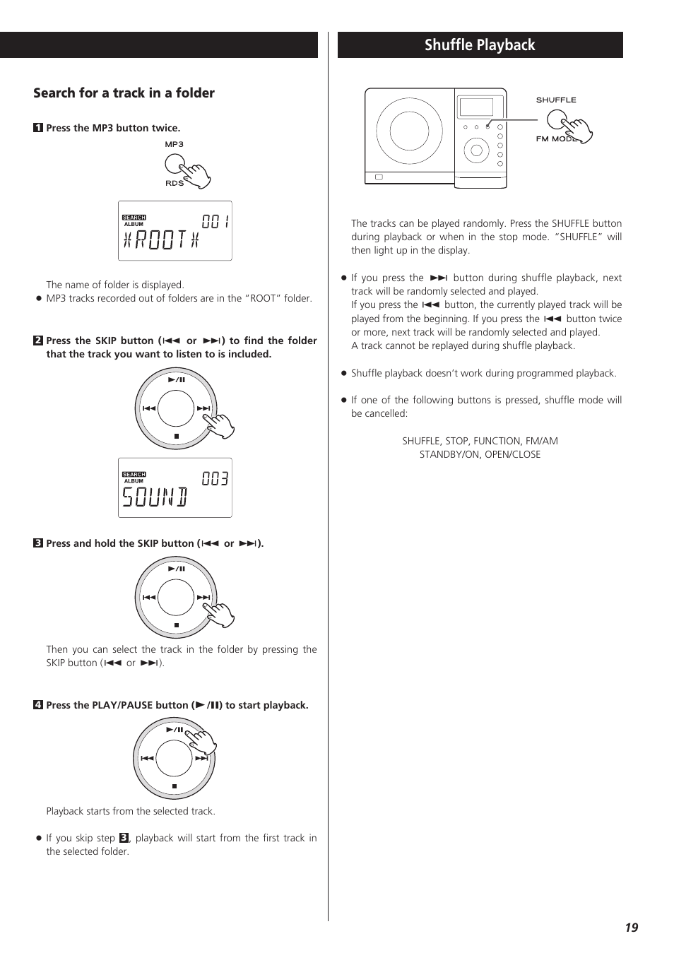 Shuffle playback, Search for a track in a folder | Teac TD-X250I User Manual | Page 19 / 32
