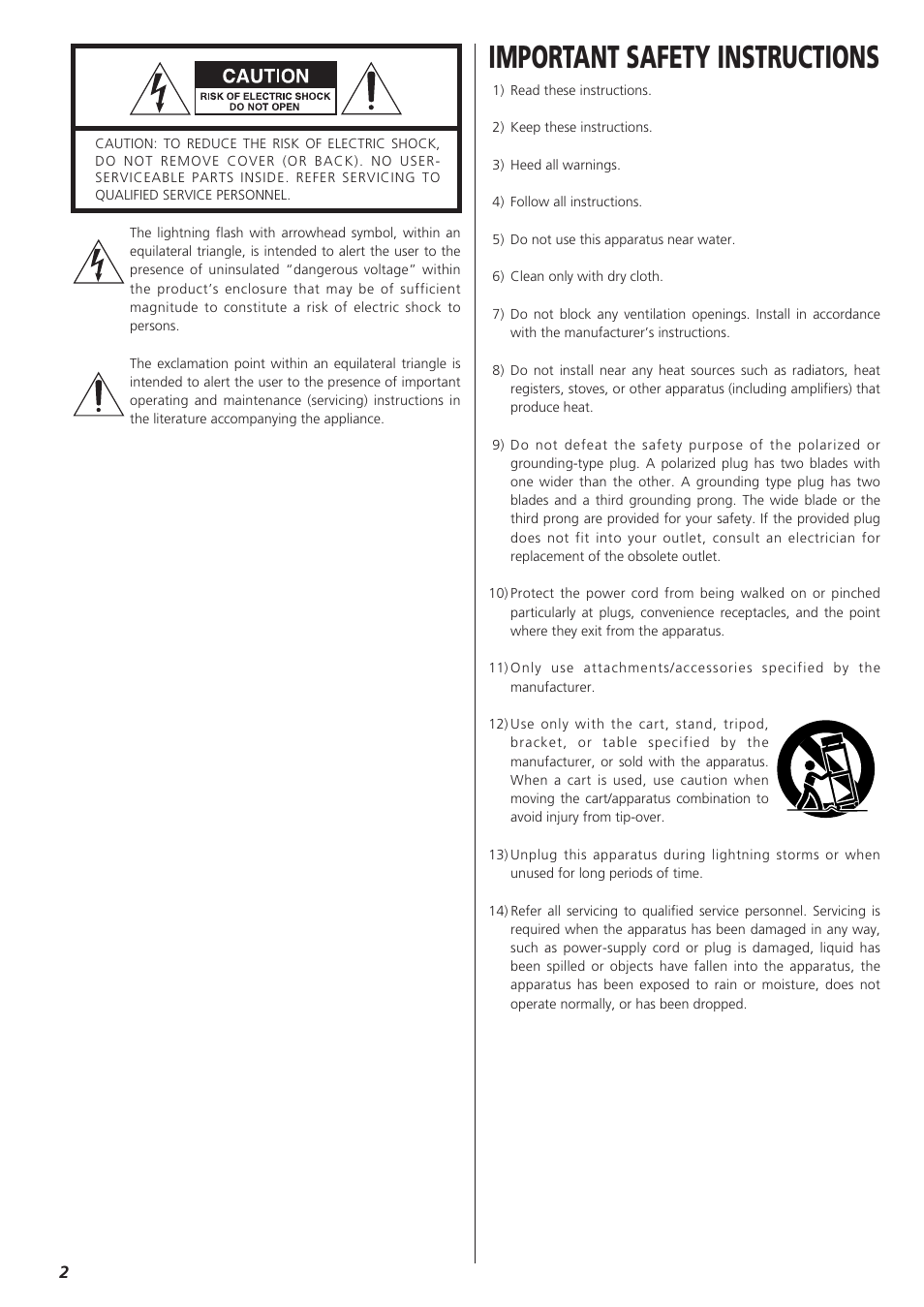 Important safety instructions | Teac TD-X250I User Manual | Page 2 / 32
