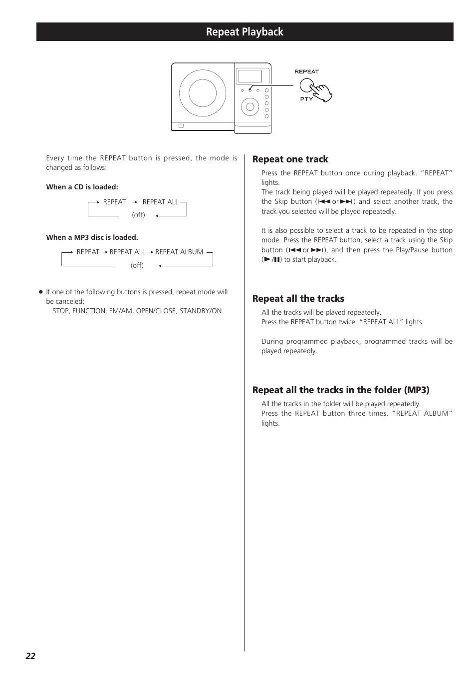 Repeat playback, Repeat one track, Repeat all the tracks | Repeat all the tracks in the folder (mp3) | Teac TD-X250I User Manual | Page 22 / 32