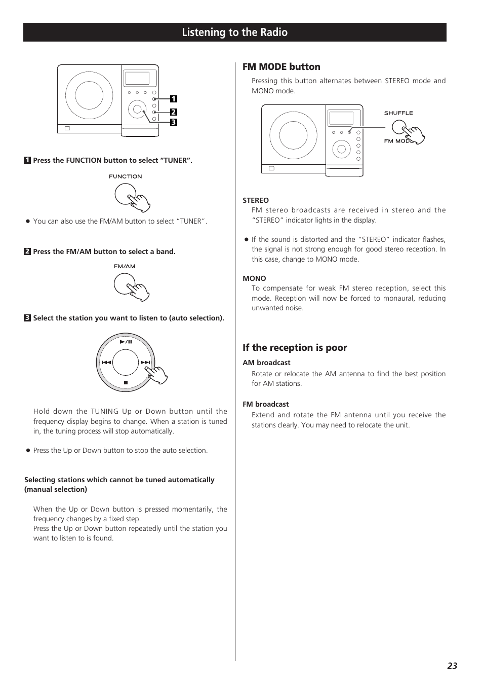 Listening to the radio, Fm mode button, If the reception is poor | Teac TD-X250I User Manual | Page 23 / 32