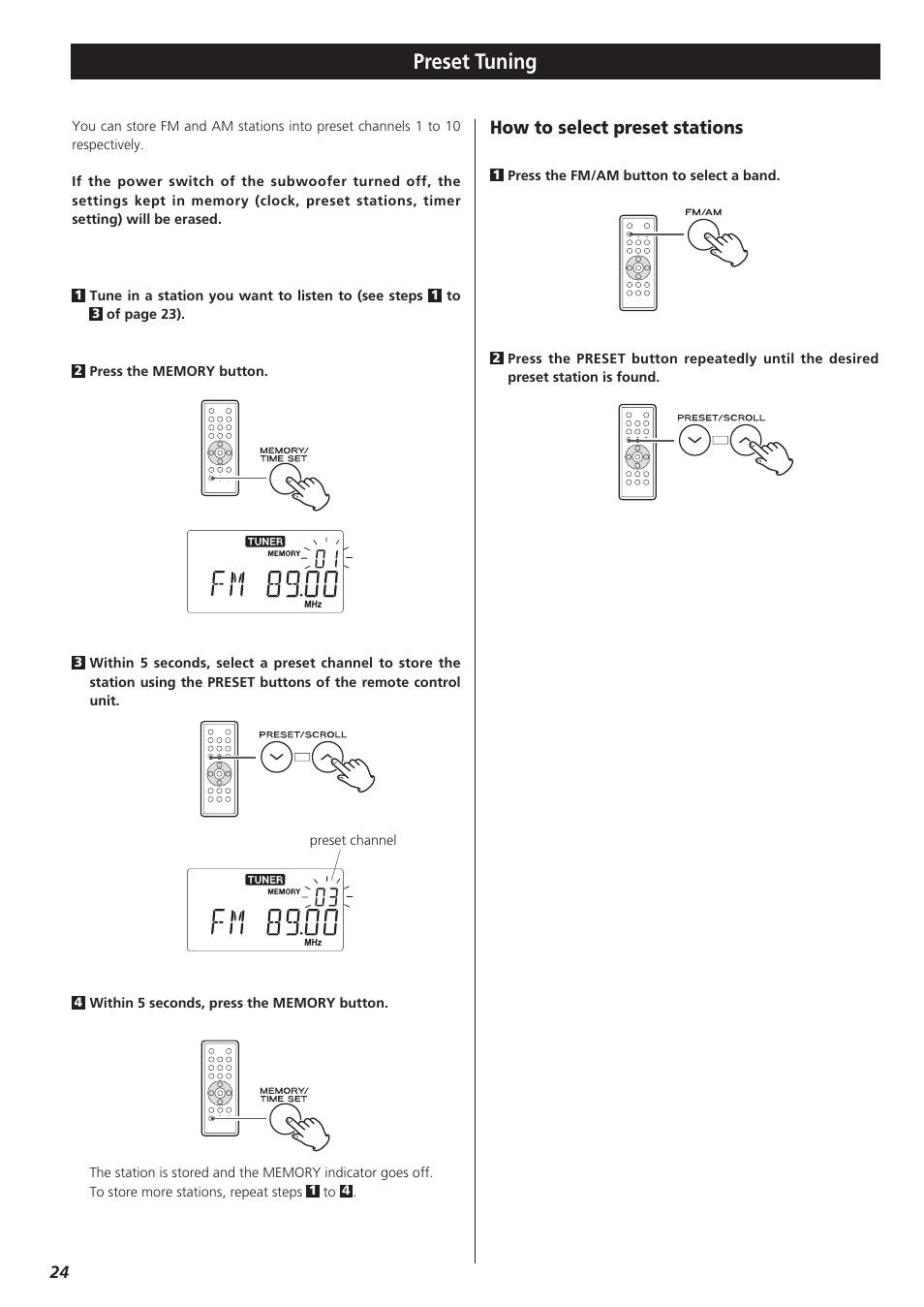 Preset tuning, How to select preset stations | Teac TD-X250I User Manual | Page 24 / 32