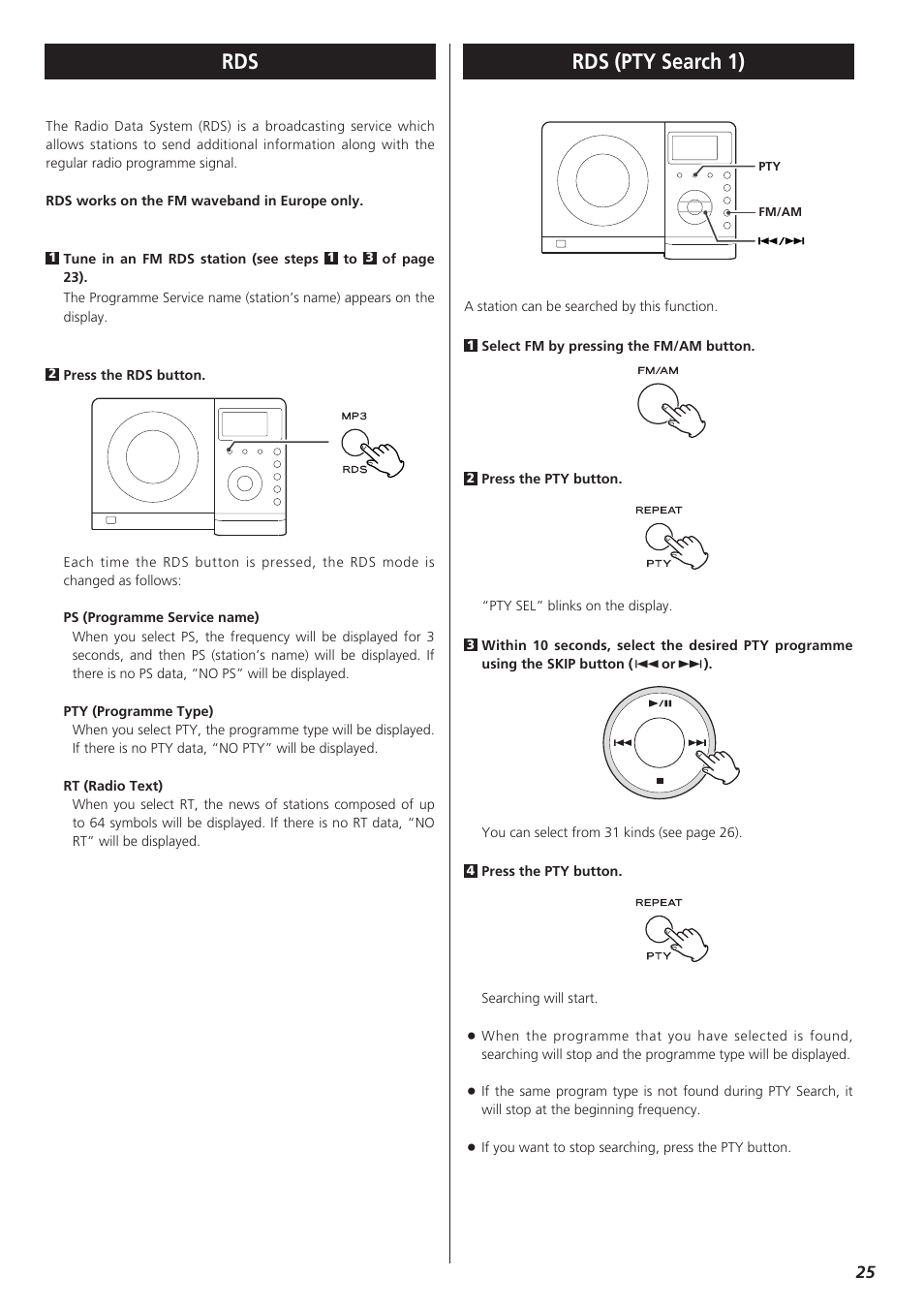 Rds (pty search), Rds rds (pty search 1) | Teac TD-X250I User Manual | Page 25 / 32