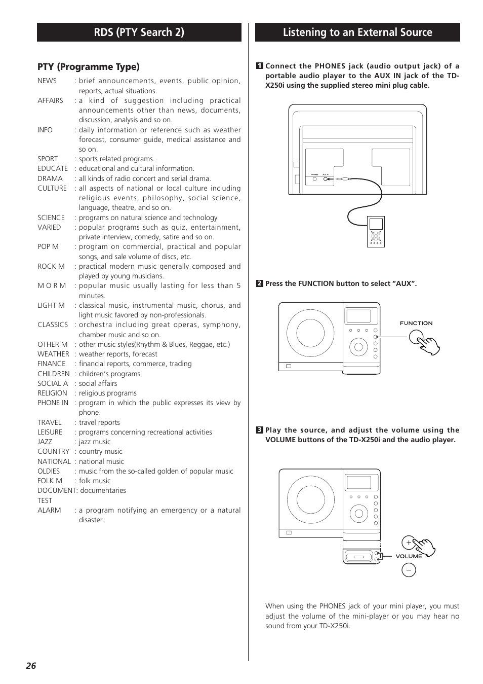 Listening to an external source, Rds (pty search 2), Pty (programme type) | Teac TD-X250I User Manual | Page 26 / 32