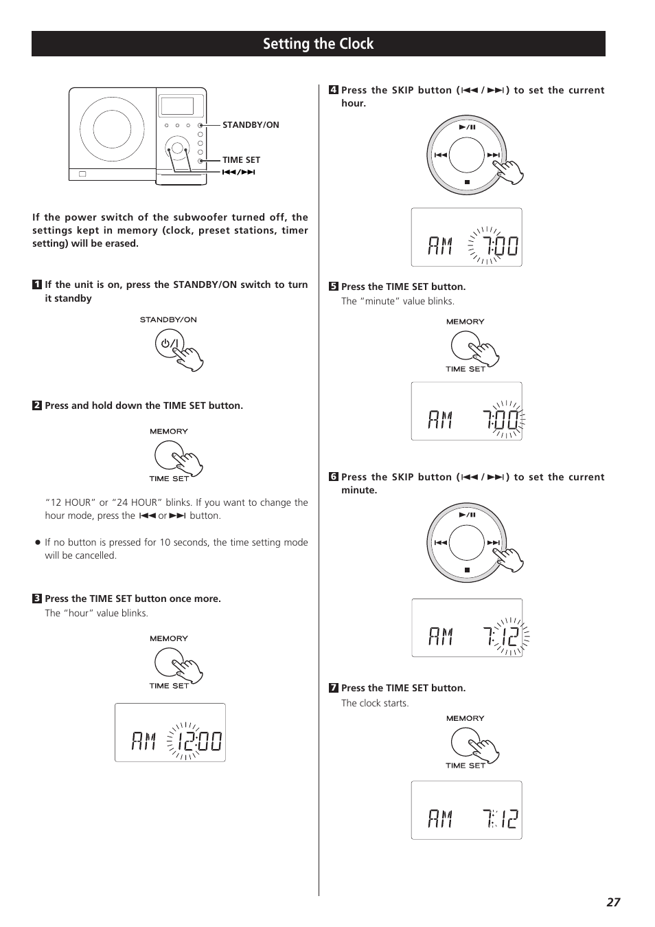 Setting the clock | Teac TD-X250I User Manual | Page 27 / 32