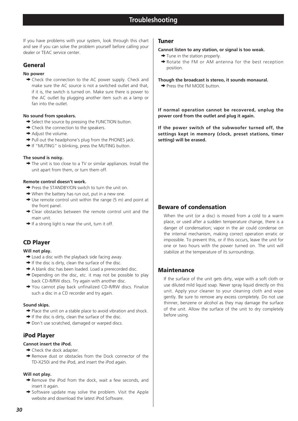 Troubleshooting, General, Cd player | Ipod player, Tuner, Beware of condensation, Maintenance | Teac TD-X250I User Manual | Page 30 / 32