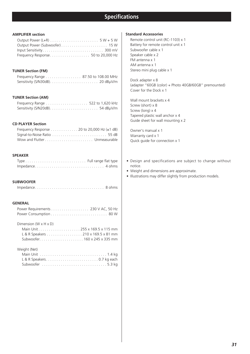 Specifications | Teac TD-X250I User Manual | Page 31 / 32