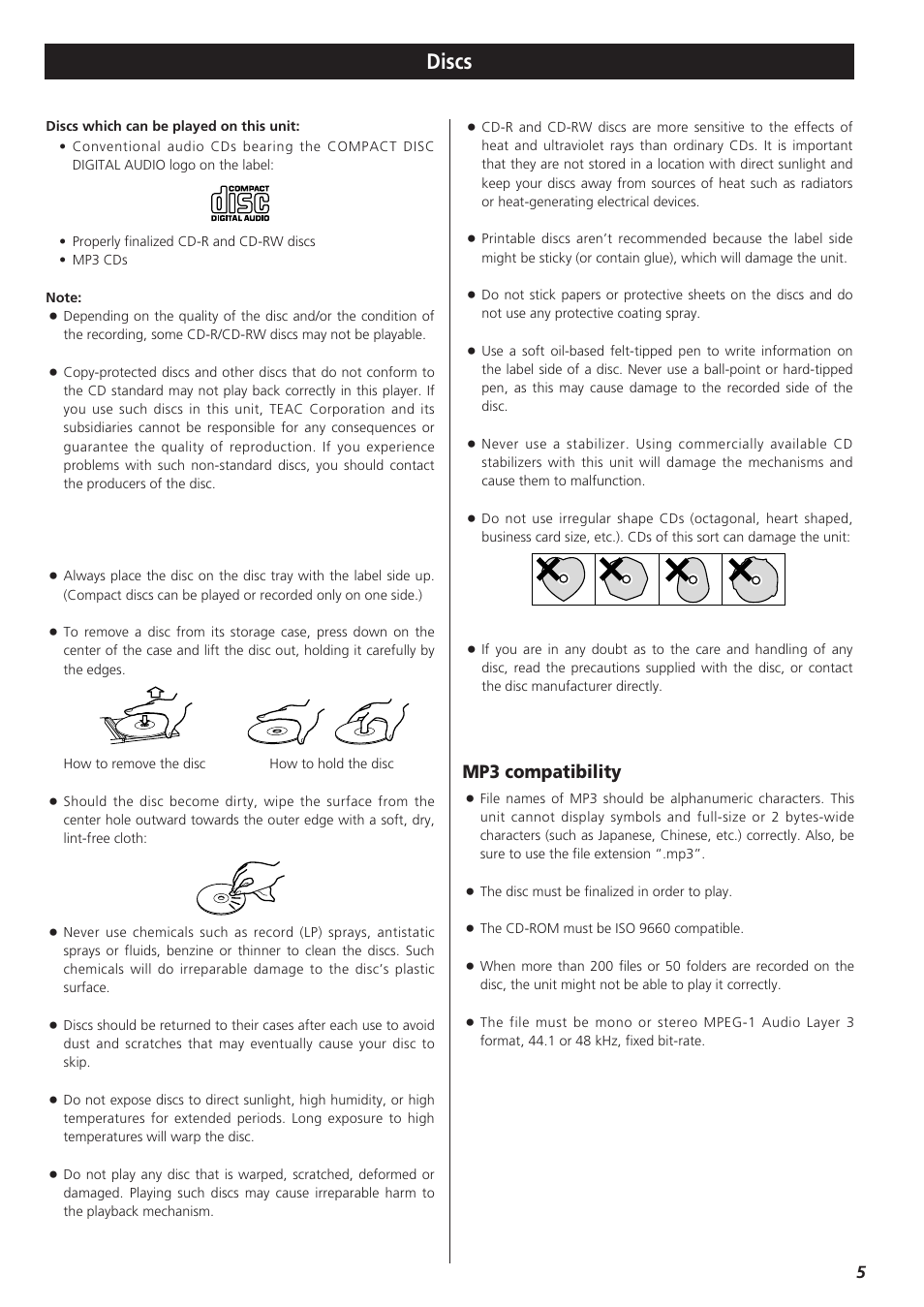 Discs, Mp3 compatibility | Teac TD-X250I User Manual | Page 5 / 32