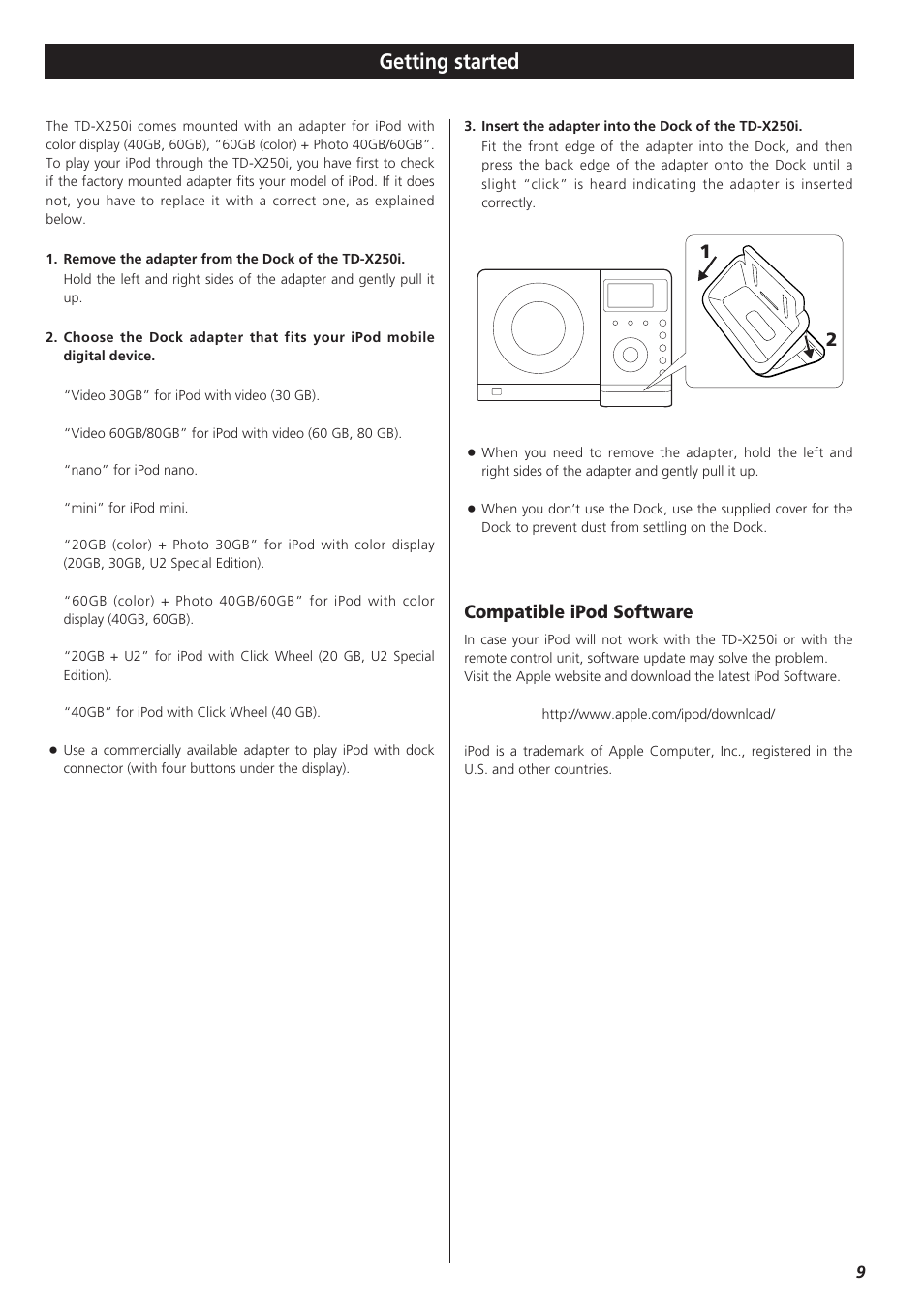 Getting started, Compatible ipod software | Teac TD-X250I User Manual | Page 9 / 32