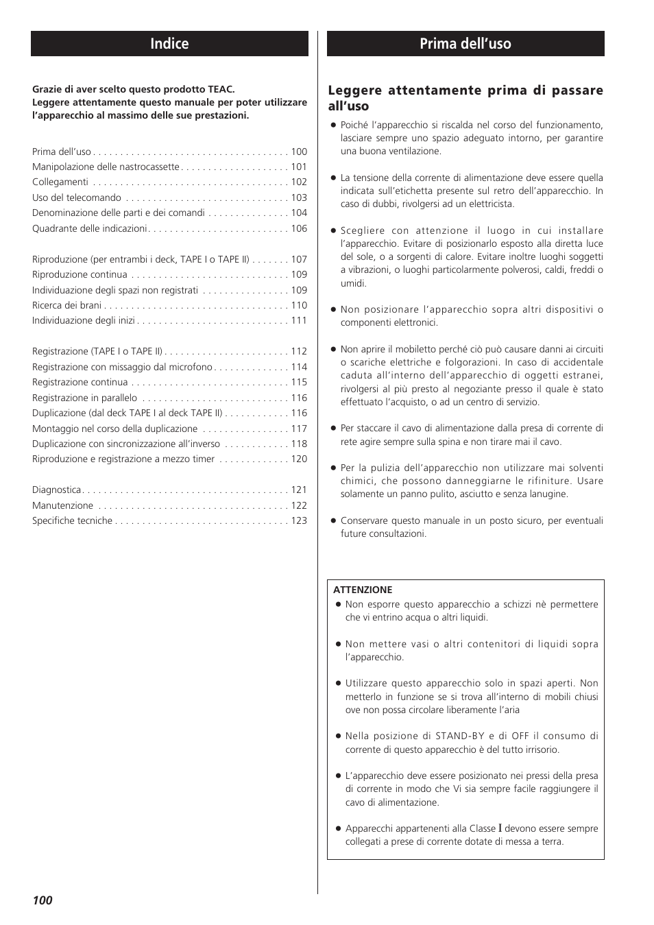 Italiano, Indice, Prima dell’uso | Leggere attentamente prima di passare all’uso | Teac W-865R User Manual | Page 100 / 148