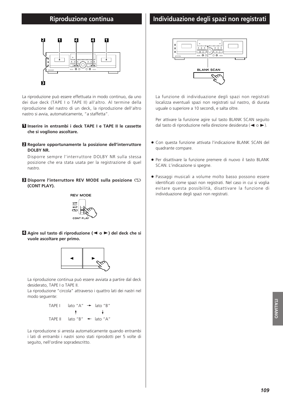 Riproduzione continua, Individuazione degli spazi non registrati | Teac W-865R User Manual | Page 109 / 148