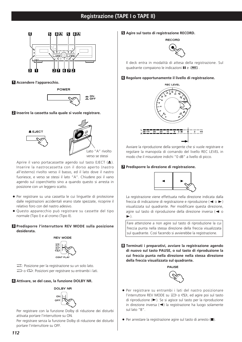 Registrazione (tape i o tape ii) | Teac W-865R User Manual | Page 112 / 148