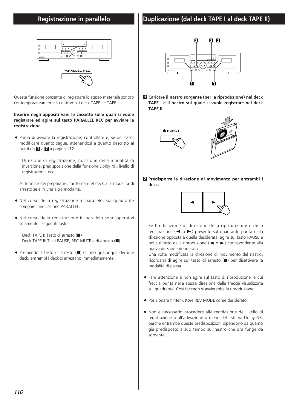 Registrazione in parallelo, Duplicazione (dal deck tape i al deck tape ii) | Teac W-865R User Manual | Page 116 / 148