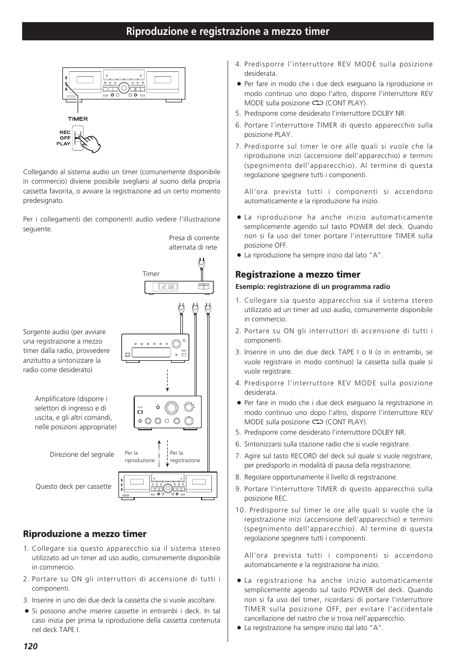 Riproduzione e registrazione a mezzo timer, Riproduzione a mezzo timer, Registrazione a mezzo timer | Teac W-865R User Manual | Page 120 / 148