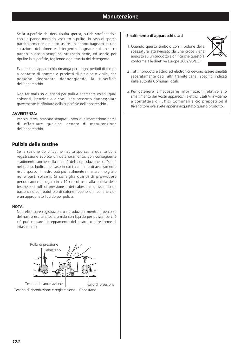 Manutenzione, Pulizia delle testine | Teac W-865R User Manual | Page 122 / 148