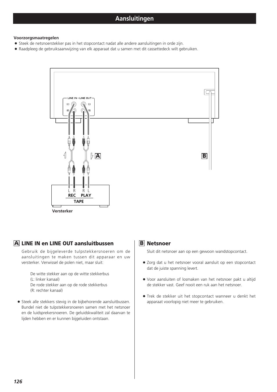 Aansluitingen, Line in en line out aansluitbussen, Ba netsnoer | Teac W-865R User Manual | Page 126 / 148