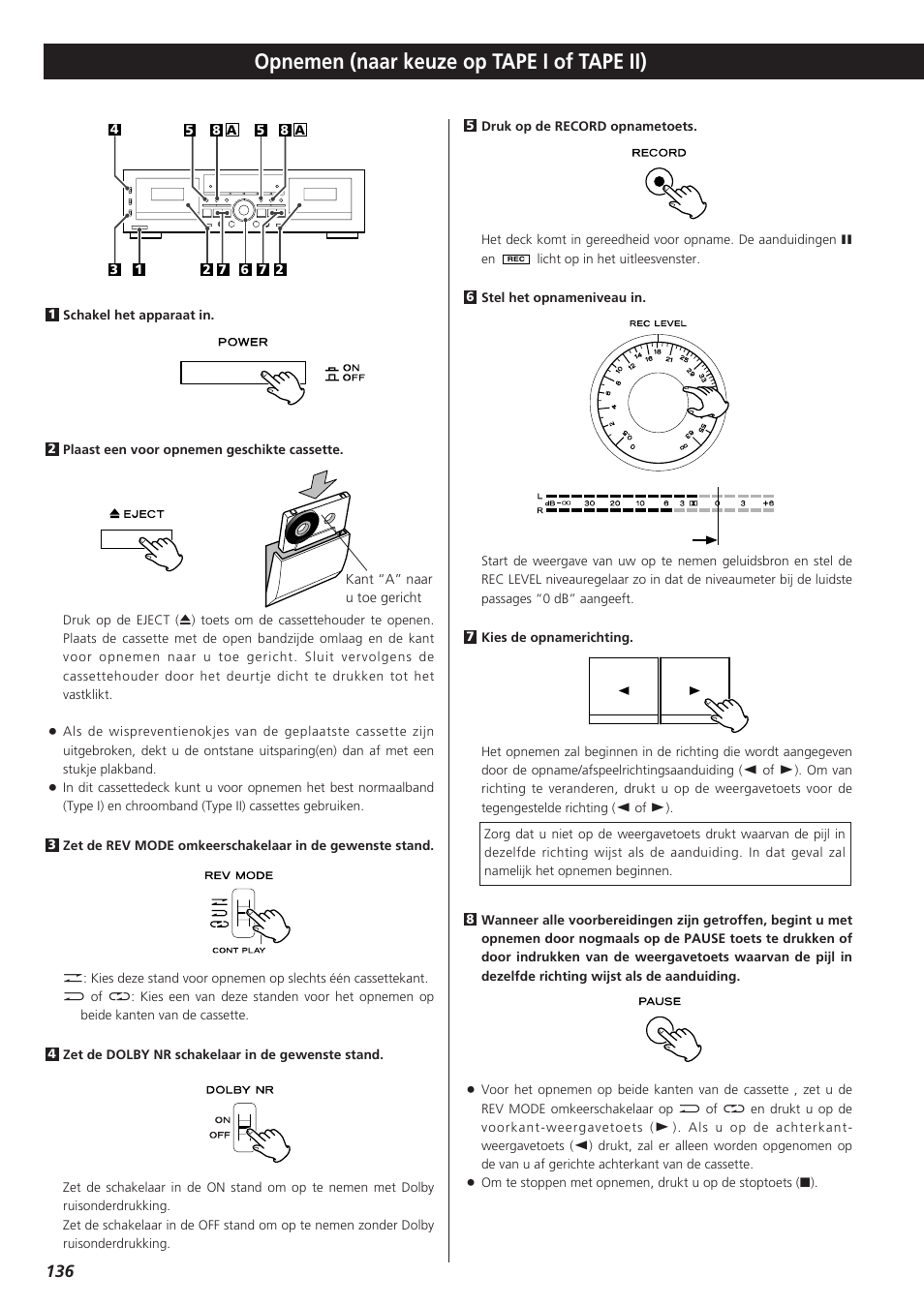 Opnemen (naar keuze op tape i of tape ii) | Teac W-865R User Manual | Page 136 / 148