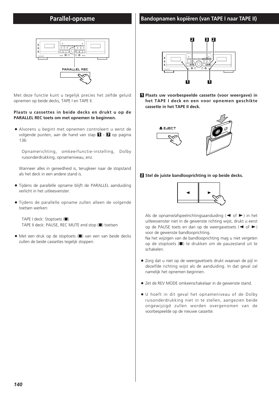 Parallel-opname, Bandopnamen kopiëren (van tape i naar tape ii) | Teac W-865R User Manual | Page 140 / 148