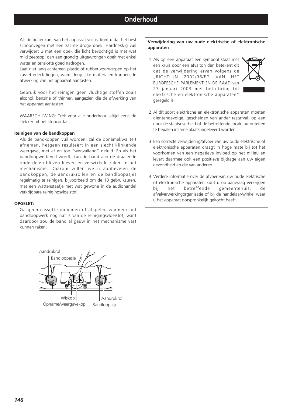 Onderhoud | Teac W-865R User Manual | Page 146 / 148