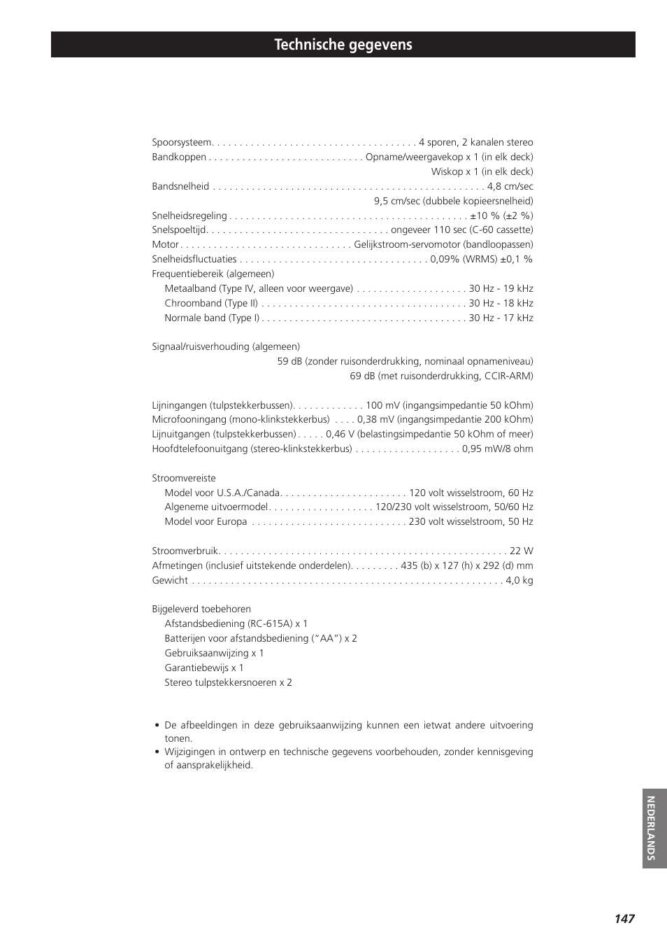 Technische gegevens | Teac W-865R User Manual | Page 147 / 148