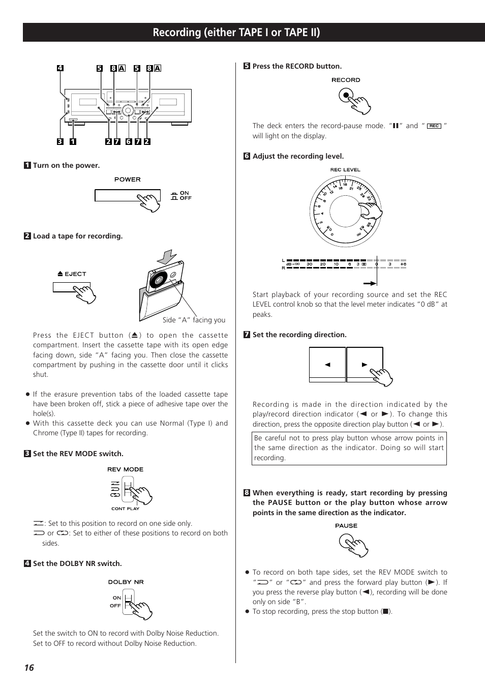 Recording (either tape i or tape ii) | Teac W-865R User Manual | Page 16 / 148