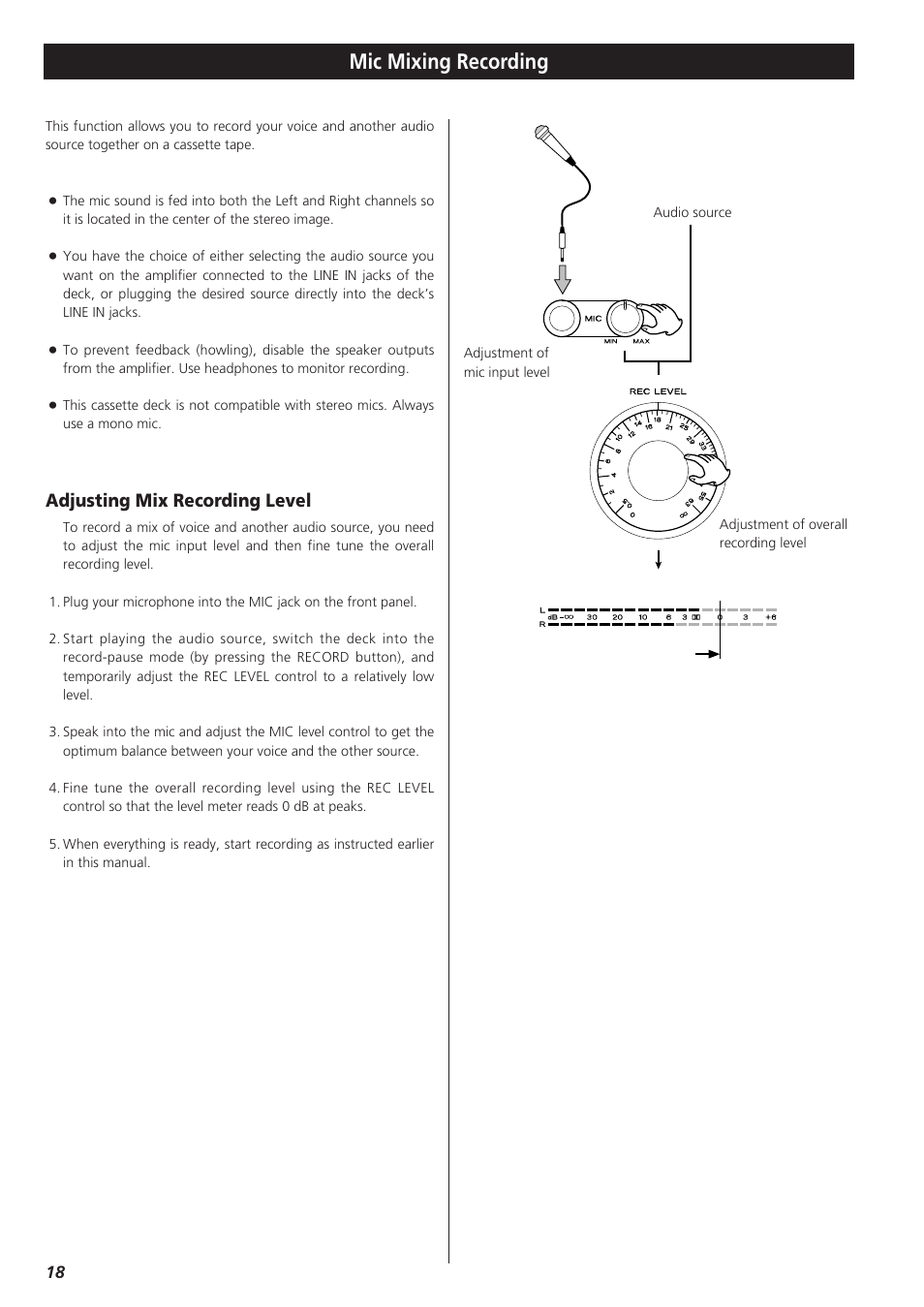 Mic mixing recording, Adjusting mix recording level | Teac W-865R User Manual | Page 18 / 148