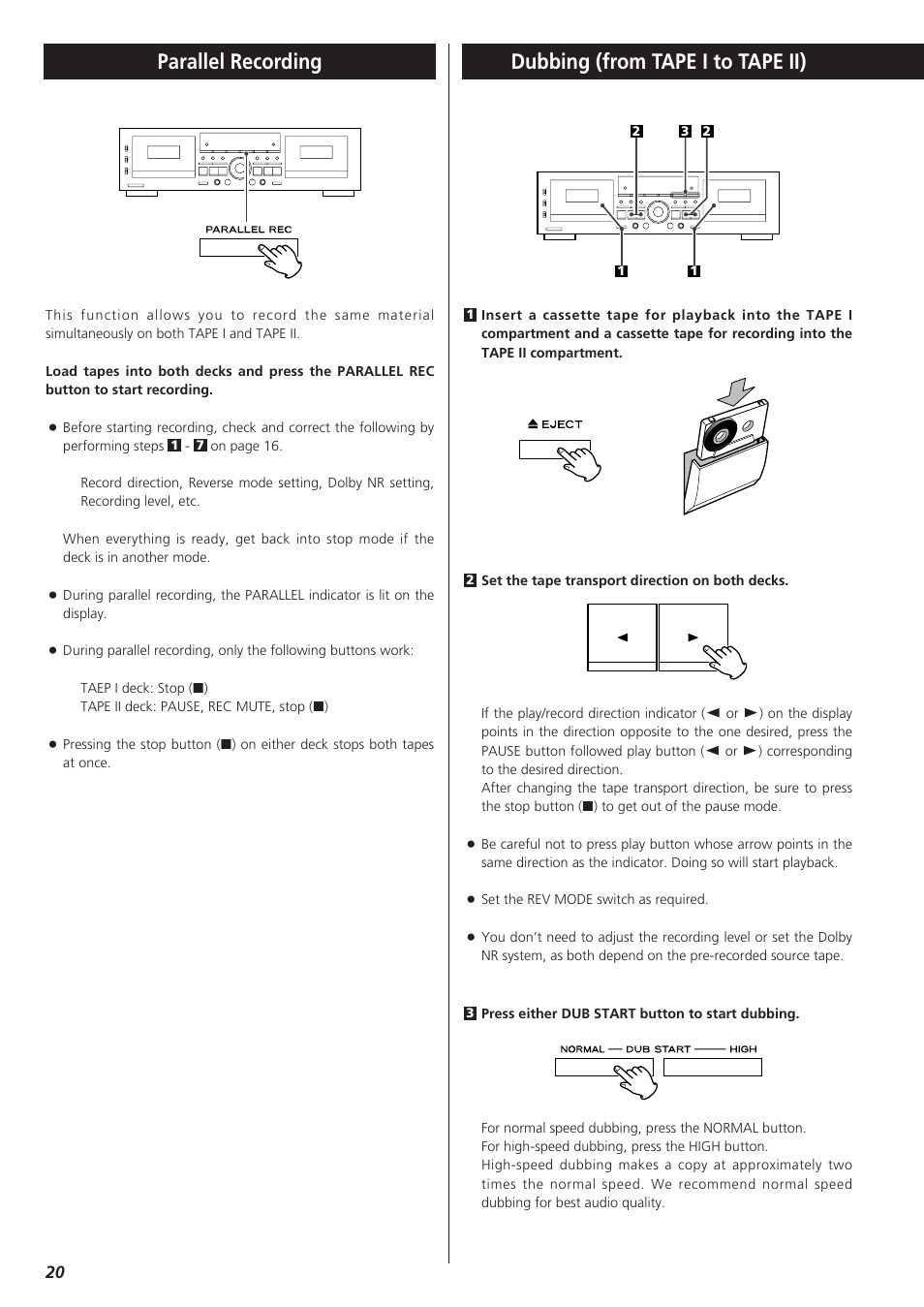 Parallel recording, Dubbing (from tape i to tape ii) | Teac W-865R User Manual | Page 20 / 148