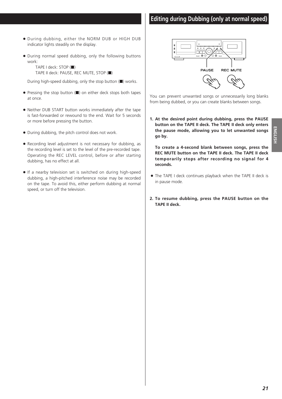 Editing during dubbing (only at normal speed) | Teac W-865R User Manual | Page 21 / 148