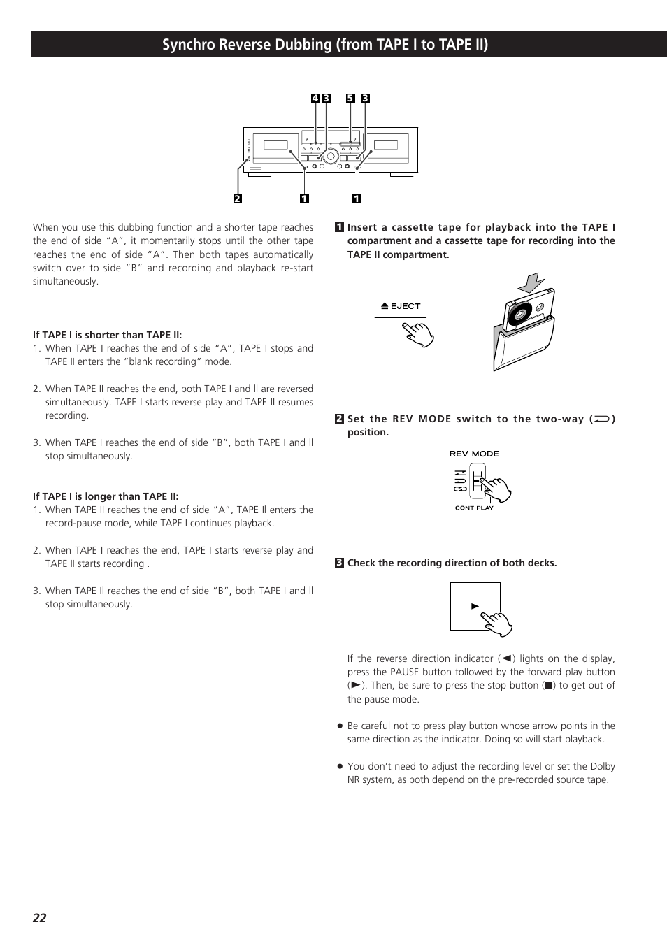 Synchro reverse dubbing (from tape i to tape ii) | Teac W-865R User Manual | Page 22 / 148