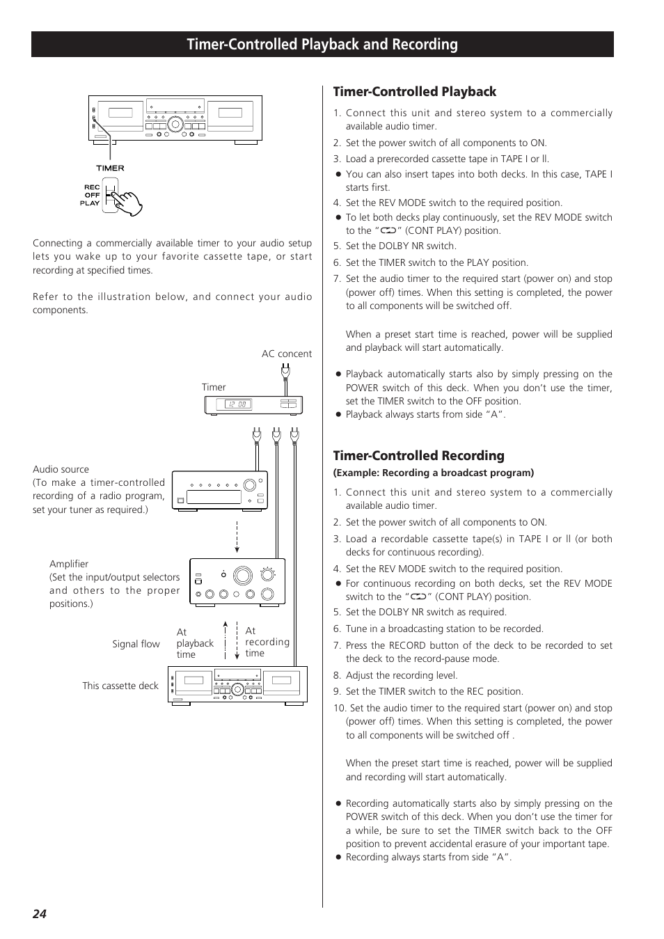 Timer-controlled playback and recording, Timer-controlled playback, Timer-controlled recording | Teac W-865R User Manual | Page 24 / 148