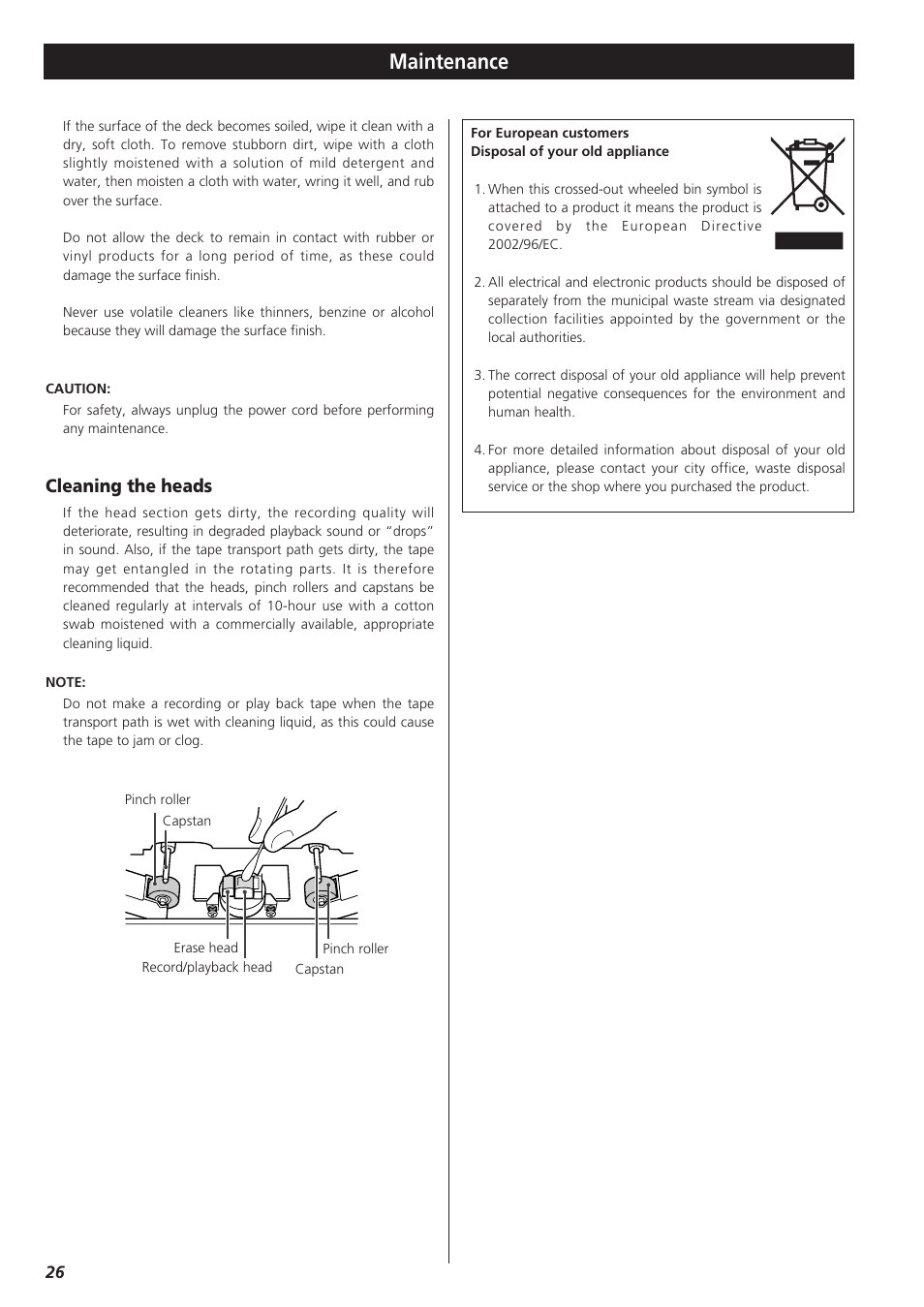 Maintenance, Cleaning the heads | Teac W-865R User Manual | Page 26 / 148