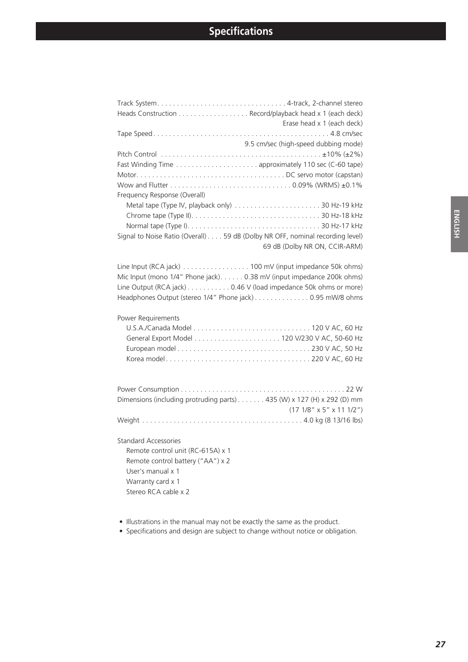 Specifications | Teac W-865R User Manual | Page 27 / 148