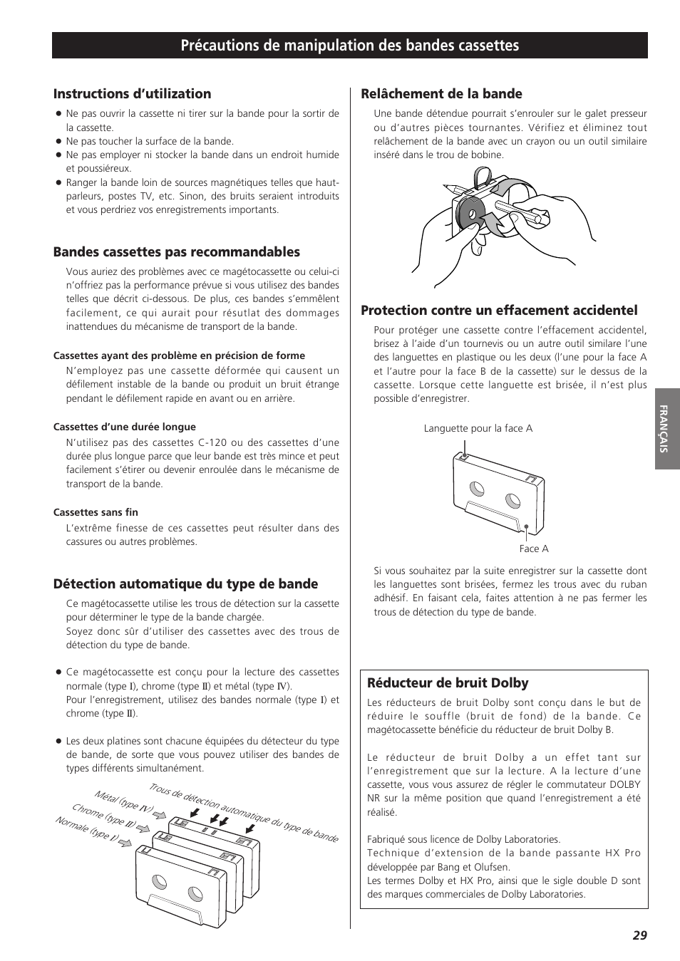 Précautions de manipulation des bandes cassettes, Instructions d’utilization, Bandes cassettes pas recommandables | Détection automatique du type de bande, Protection contre un effacement accidentel, Réducteur de bruit dolby, Relâchement de la bande | Teac W-865R User Manual | Page 29 / 148