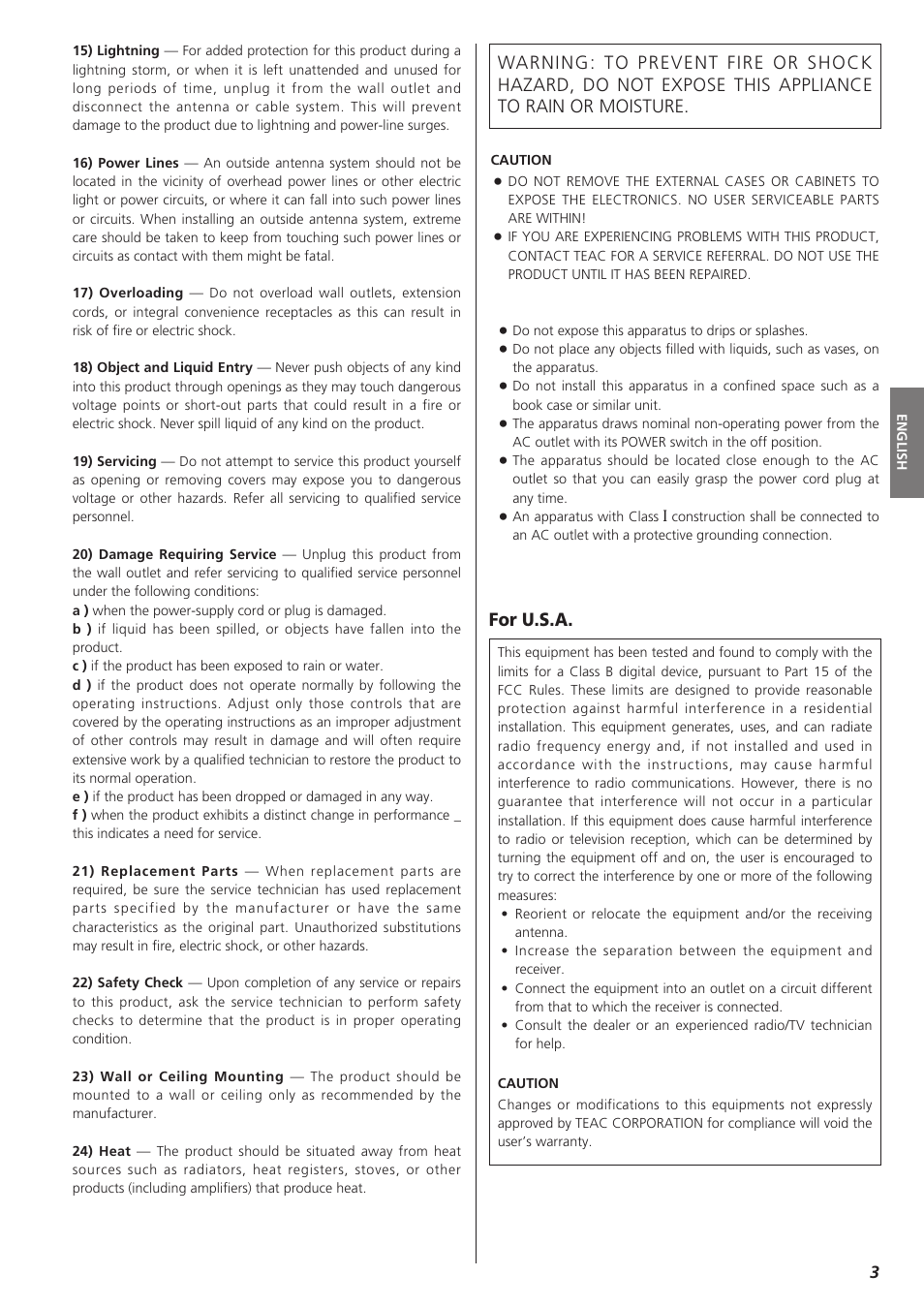For u.s.a | Teac W-865R User Manual | Page 3 / 148