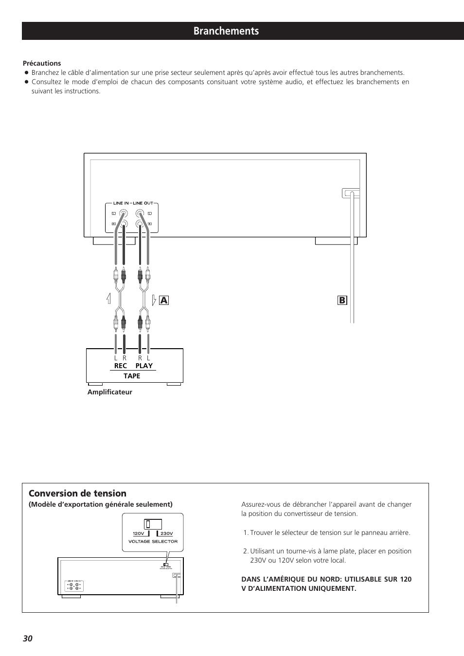 Branchements, Ba conversion de tension | Teac W-865R User Manual | Page 30 / 148