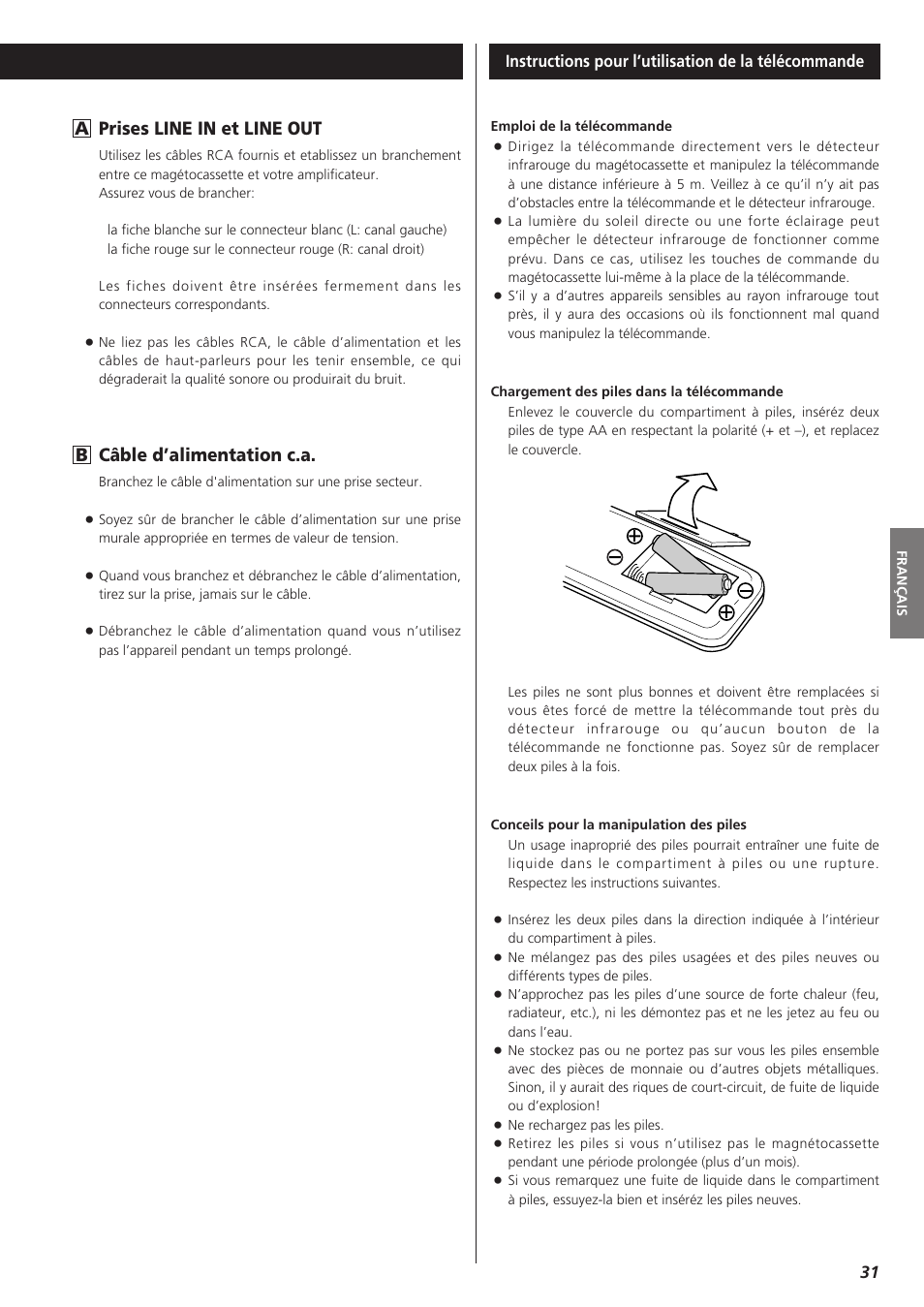 Prises line in et line out, Câble d’alimentation c.a | Teac W-865R User Manual | Page 31 / 148