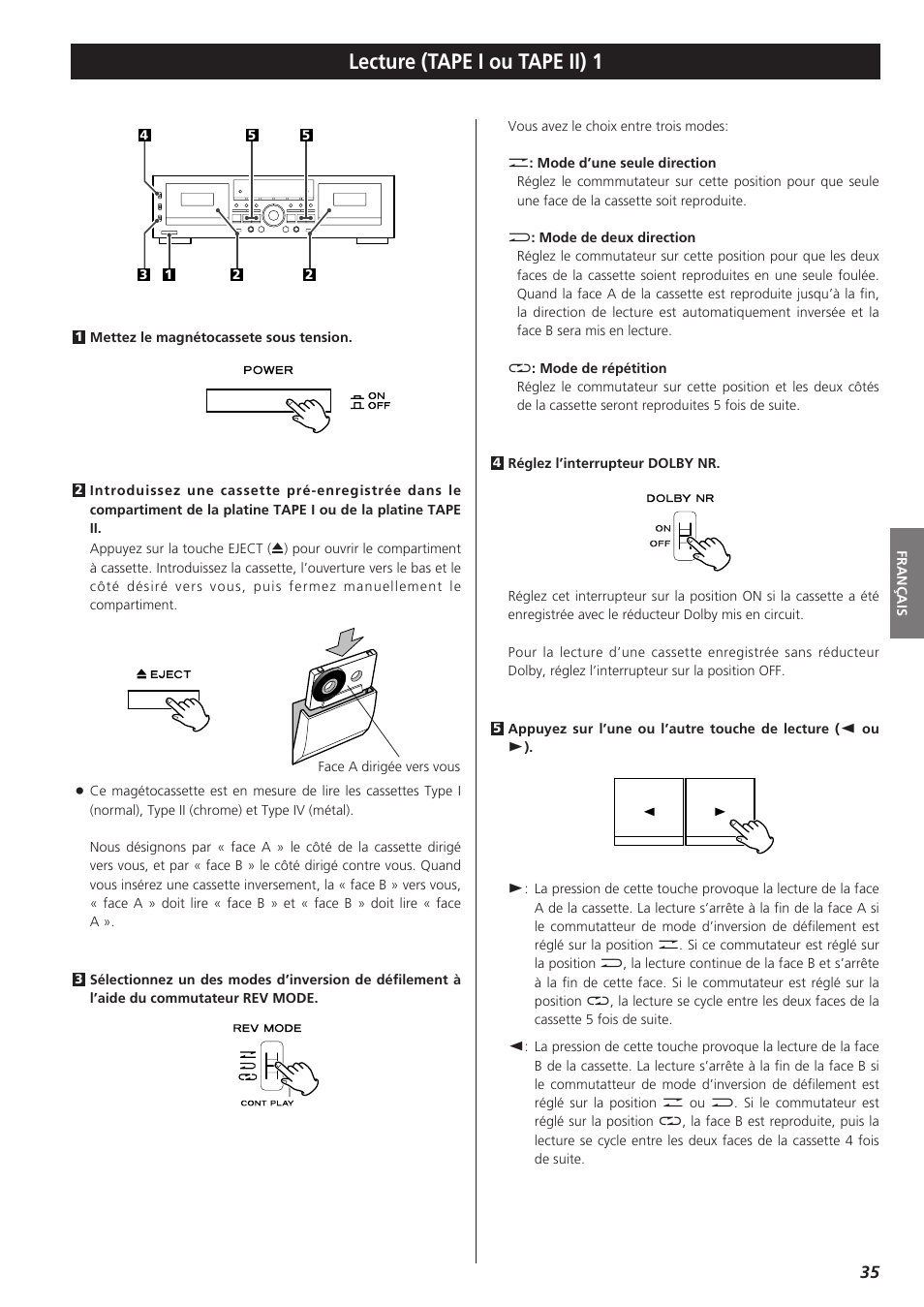 Lecture (tape i ou tape ii) 1 | Teac W-865R User Manual | Page 35 / 148