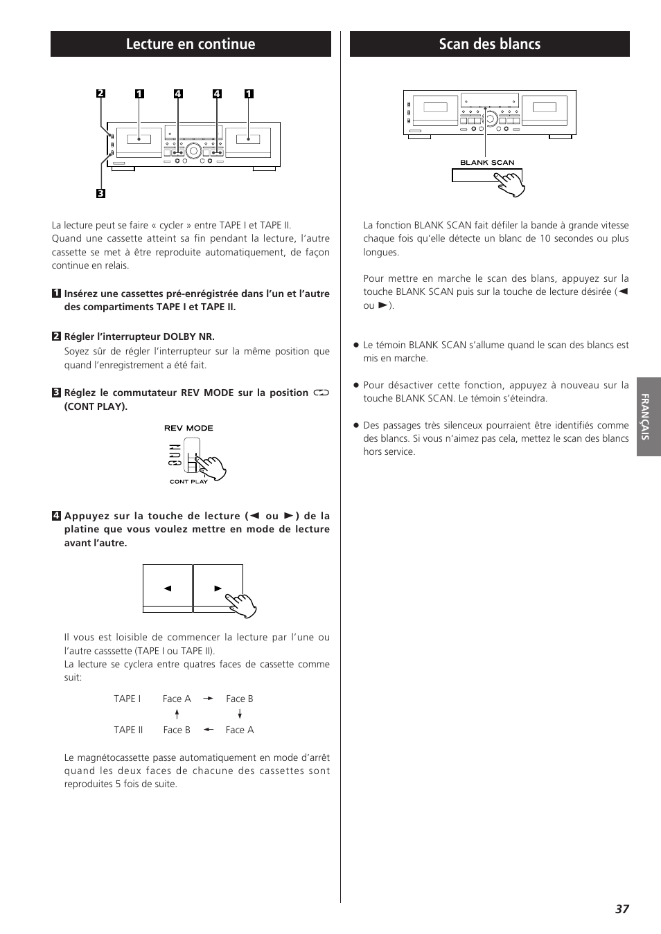 Lecture en continue, Scan des blancs | Teac W-865R User Manual | Page 37 / 148