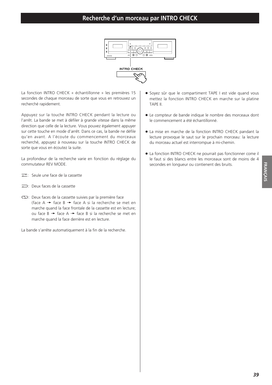 Recherche d’un morceau par intro check | Teac W-865R User Manual | Page 39 / 148