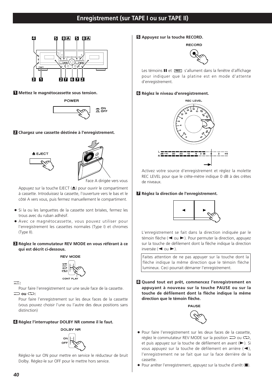 Enregistrement (sur tape i ou sur tape ii) | Teac W-865R User Manual | Page 40 / 148