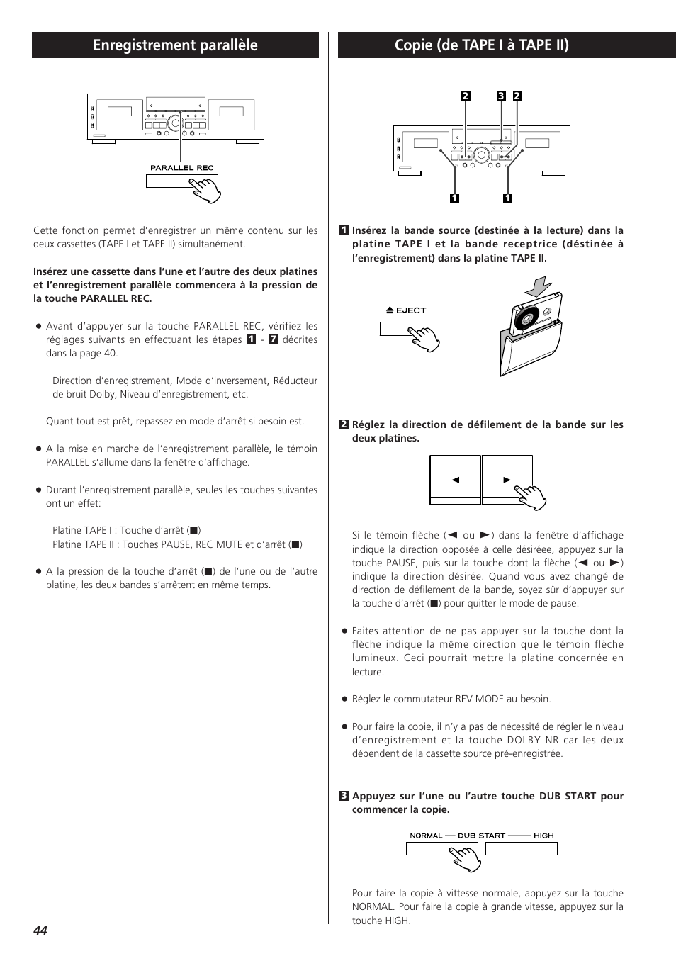 Enregistrement parallèle, Copie (de tape i à tape ii) | Teac W-865R User Manual | Page 44 / 148