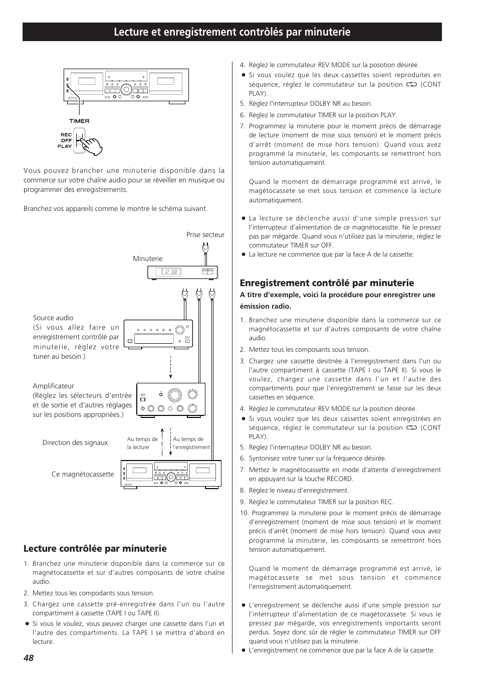 Lecture et enregistrement contrôlés par minuterie, Lecture contrôlée par minuterie, Enregistrement contrôlé par minuterie | Teac W-865R User Manual | Page 48 / 148