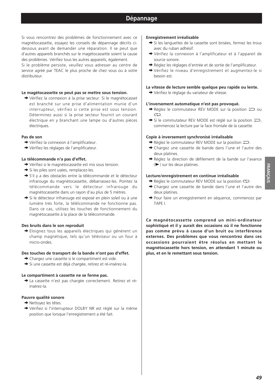 Dépannage | Teac W-865R User Manual | Page 49 / 148