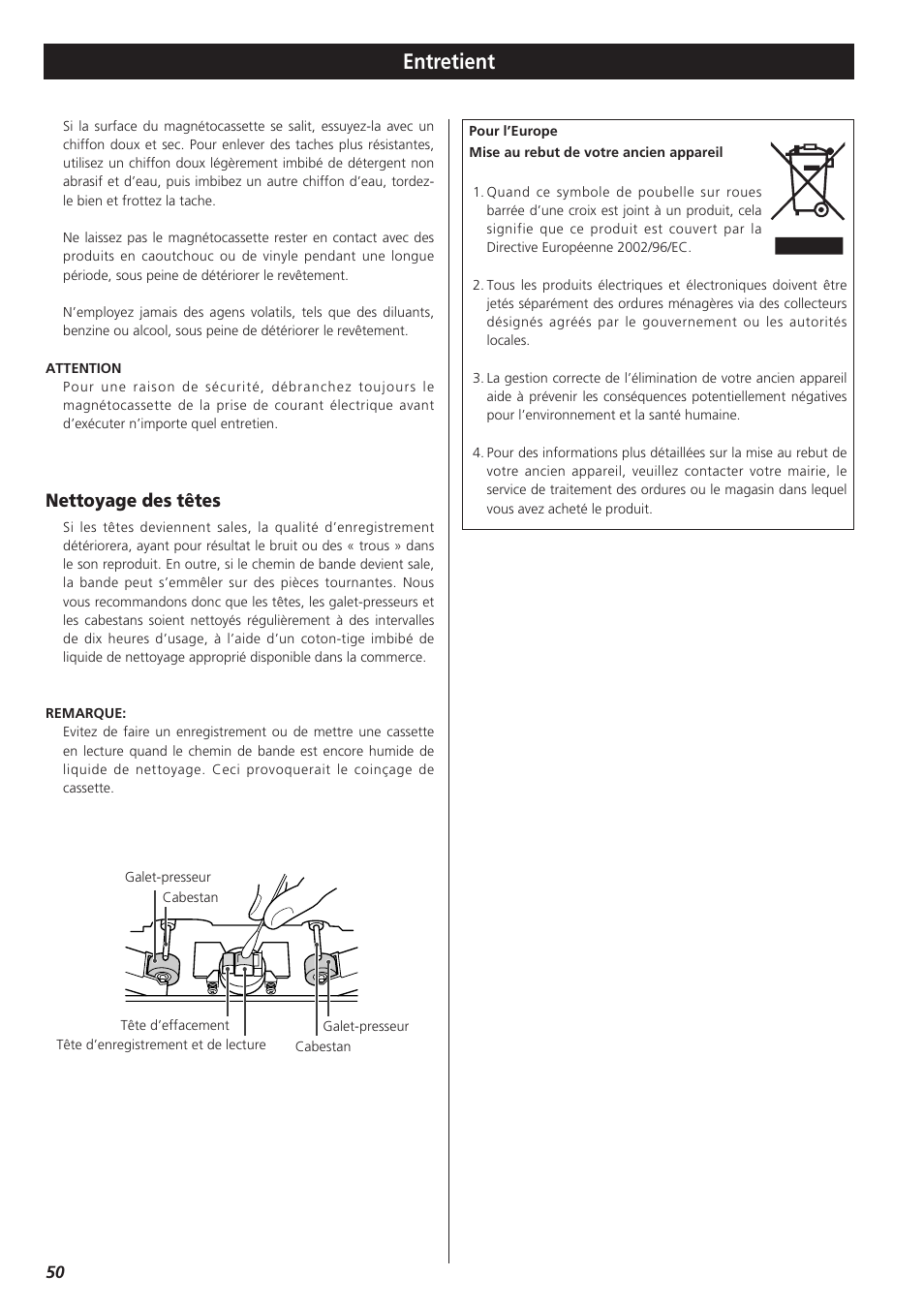 Entretient, Nettoyage des têtes | Teac W-865R User Manual | Page 50 / 148