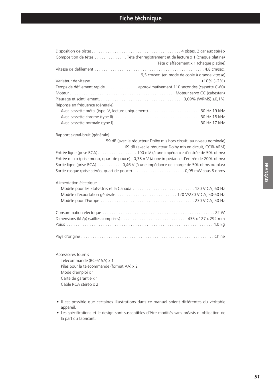 Fiche téchnique | Teac W-865R User Manual | Page 51 / 148