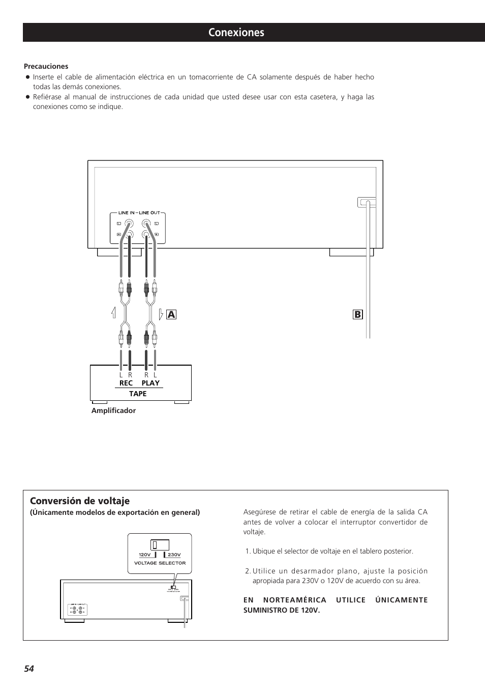 Conexiones, Ba conversión de voltaje | Teac W-865R User Manual | Page 54 / 148